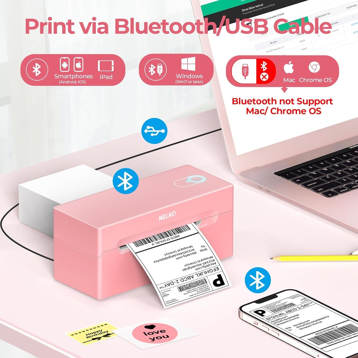 Nelko Bluetooth Thermal Shipping Label Printer, Wireless 4X6 Shipping Label Printer for Small Business, Support Android, Iphone and Windows, Widely Used for Amazon, Ebay, Shopify, Usps(Pink)