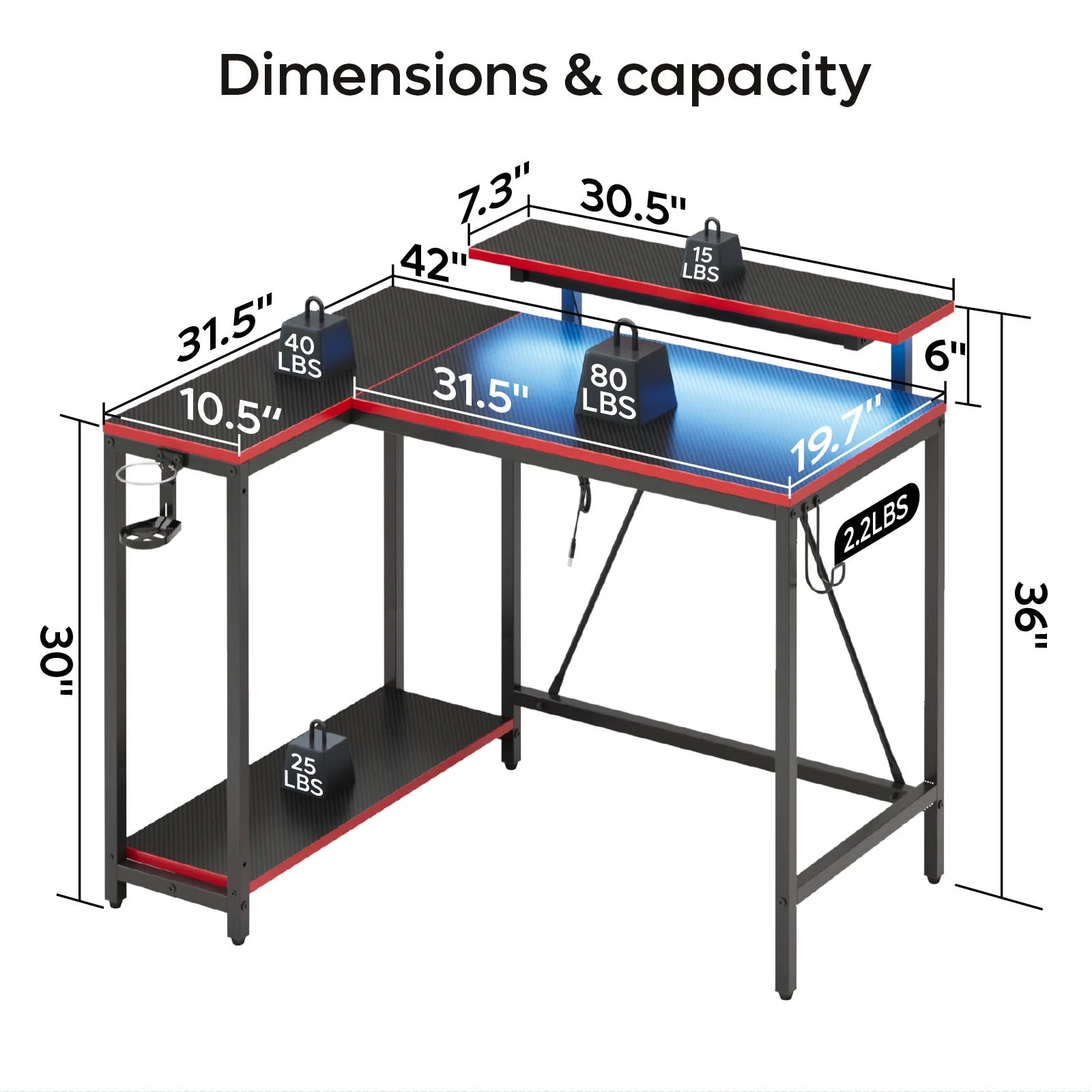 42" Reversible L-Shaped Gaming Desk with Monitor Stand, LED Lights& Headset Hooks, Home Office, Carbon Fiber Black