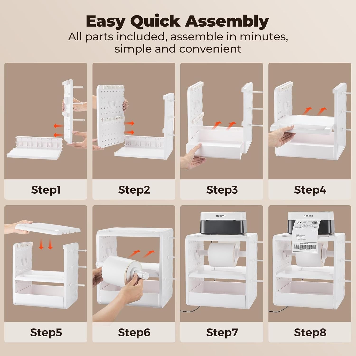 MUNBYN ILH03 4X6 Thermal Label Holder, 5-In-1 Sticker Holder with 3-Tier Shelf, Drawer, Hooks & Pegboard, for Shipping Label Printing, Office, Small Business, Home