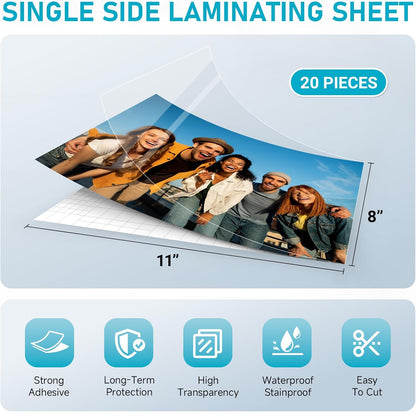 Self Adhesive Laminating Sheets 20 Pack, 8X11'', No Heat Laminating Sheets | 4Mil No Machine Needed Instant Self Sealing Laminating Sheets-Dry Erase-Lasting Protection for Home and Office