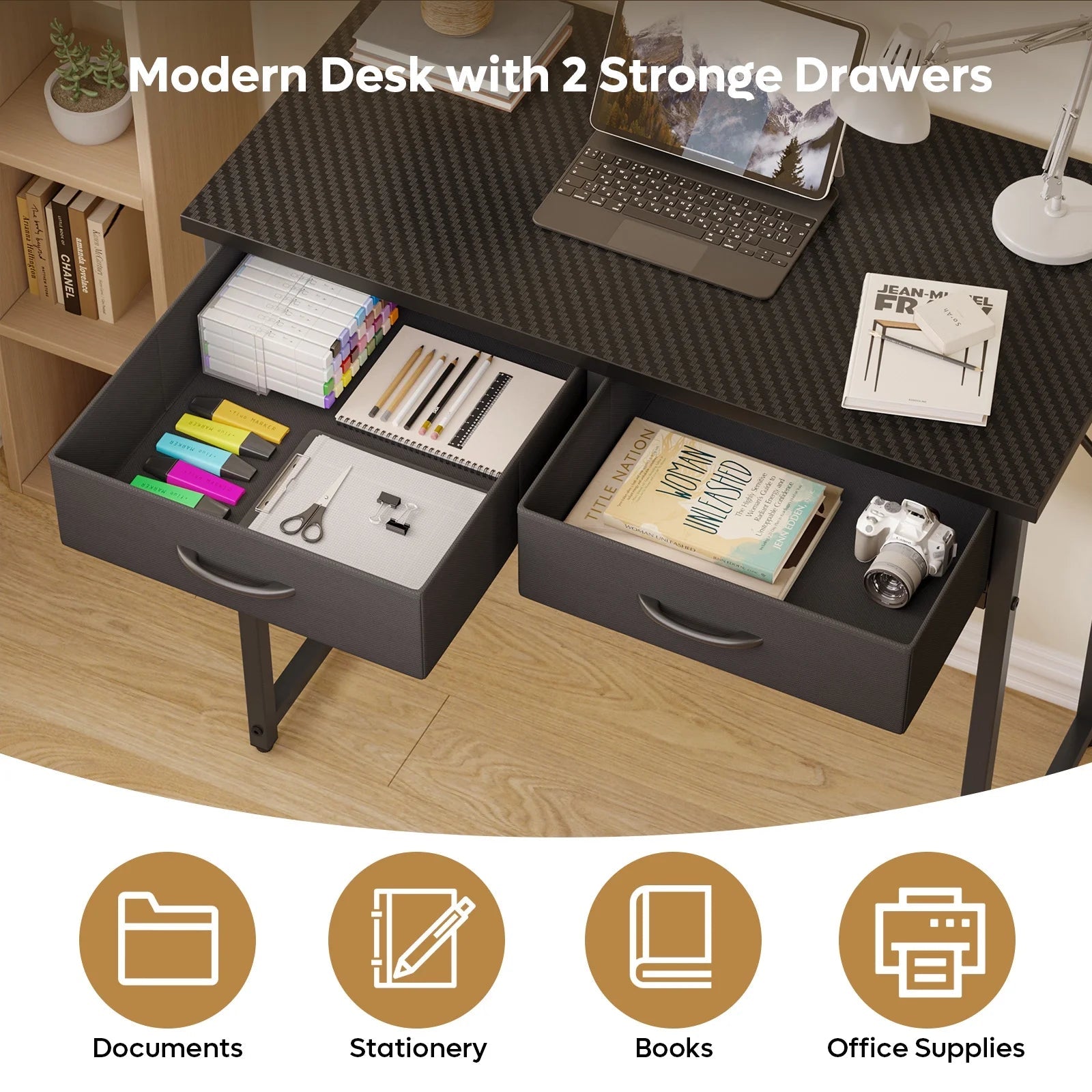 32 Inch Small Desk Computer Desk with Fabric Drawers& RGB LED Light, Writing Desk, White Vanity Desk with Hanging Hook Hook for Home, Bedroom, Black