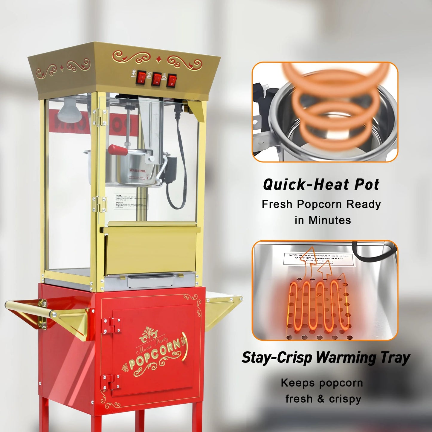 12OZ Popcorn Machine with Cart,  Movie Theater Popcorn Maker Machine with Stainless Steel Kettle, Tempered Glass, 8" Shelf, Popcorn Machine for Kids Party Home, Red