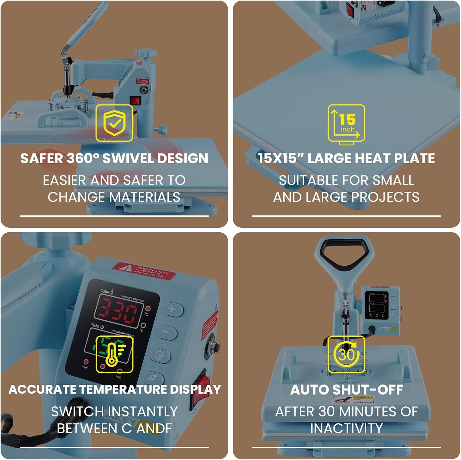 Upgrade 15X15 Heat Press, 5In1 Set Heat Press Machine with 11-30Oz Tumbler/Mug/Hat Press, 360° Swing Away Digital Shirt Press, Slide Out Sublimation Heatspress for Beginners (15‘’X15‘’ Blue 5In1)
