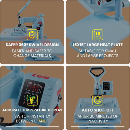Upgrade 15X15 Heat Press, 5In1 Set Heat Press Machine with 11-30Oz Tumbler/Mug/Hat Press, 360° Swing Away Digital Shirt Press, Slide Out Sublimation Heatspress for Beginners (15‘’X15‘’ Blue 5In1)