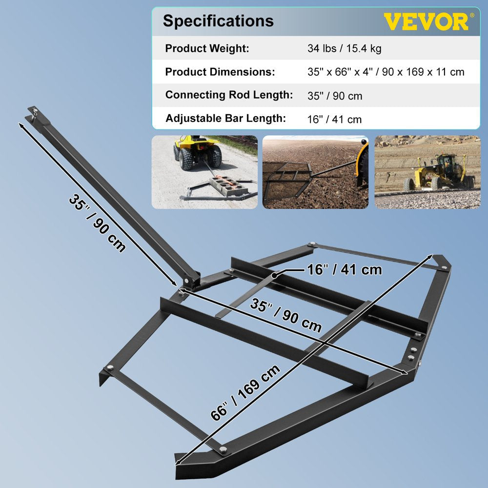 brand Drag Harrow 66"X 35" , Driveway Tractor Harrow with 2 Adjustable Bars, Heavy Duty Steel, Driveway Grader for ATV, UTV, Garden Lawn Tractors