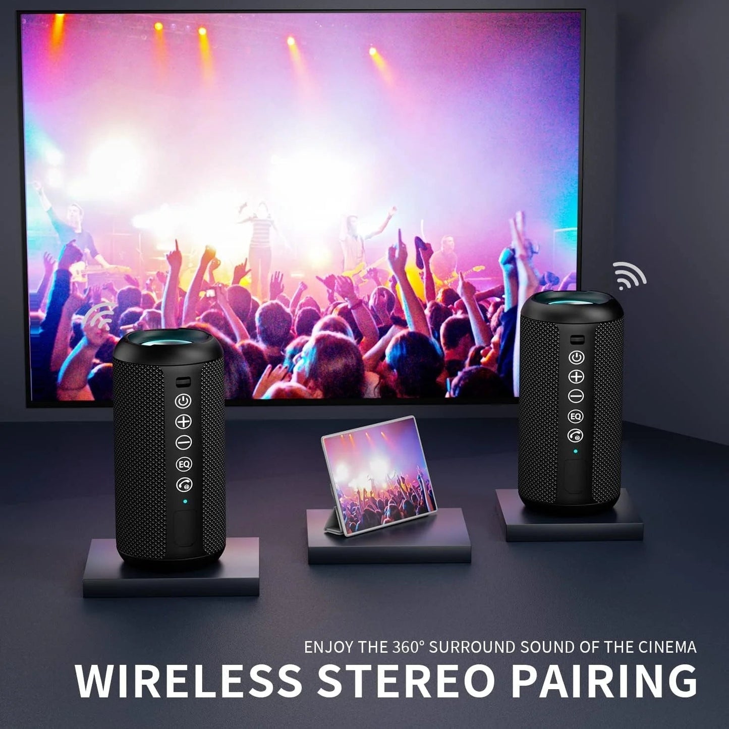 Wireless Portable Speaker,Ipx7 Waterproof Bluetooth Speaker, 24W Loud Stereo Sound, Bassboom Technology, TWS Pairing, Built-In Mic, 30H Playtime with Lights for Home Outdoor - Black