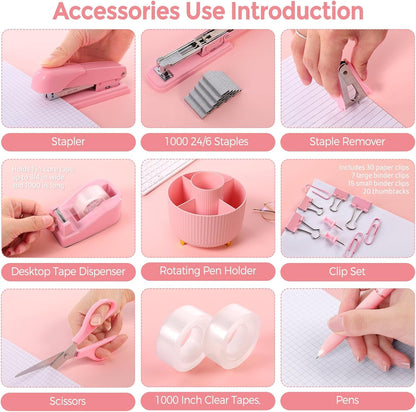SKYDUE Pink Desk Accessories 10Pcs, Rotating Pen Holder for Desk, Stapler, Staple Remover, Tape Dispenser,2Pcs Tape Refills, Binder Paper Clips Kit, Scissor,Pink Office School Supplies