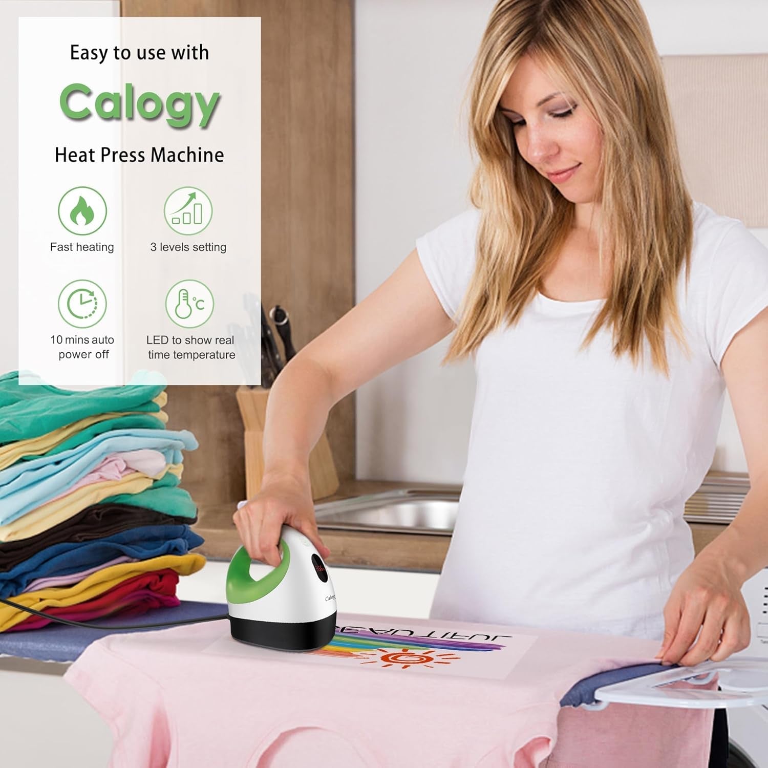 Calogy Mini Heat Press, Heat Transfer Machine, Constant Temp Control, Insulated Safety Base, Fits for Crafts, T-Shirt, Hat, Cap, Pillows (White Green)