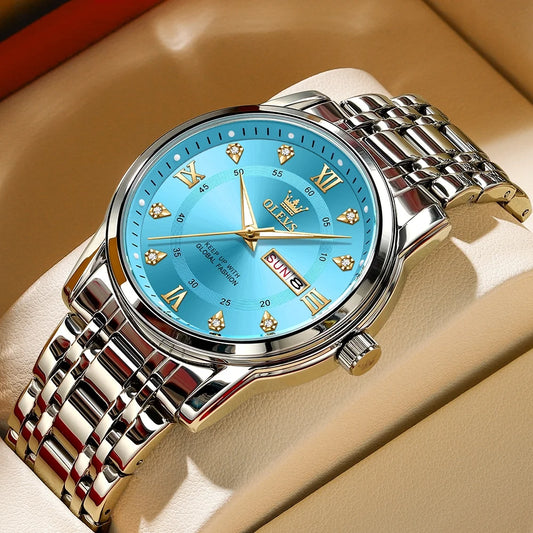 Watches for Men Classic Business Dress Analog Quartz Stainless Steel Waterproof Luminous Date Diamond Mens Wrist Watches Relojes De Hombre,Gold/Blue/Black Dial