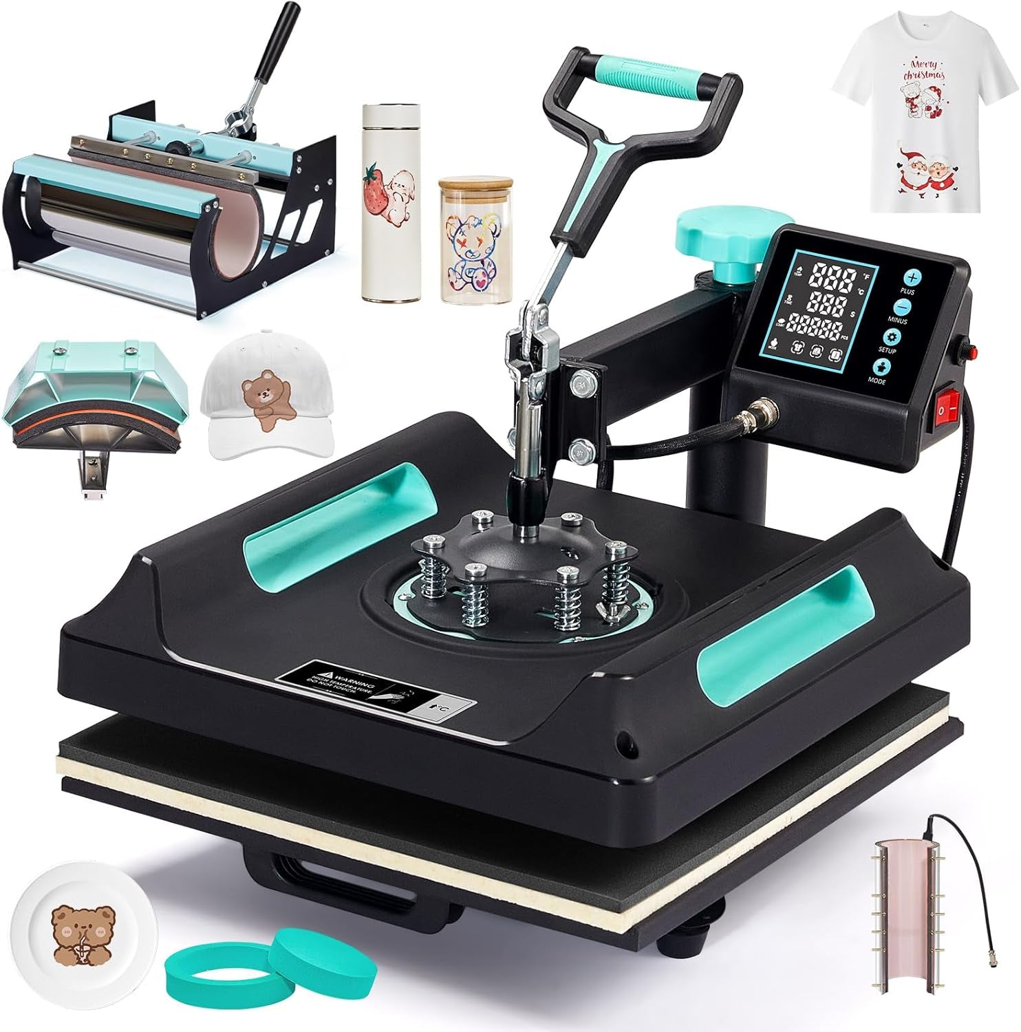 SPECRAFT 5-In-1 Combo Heat Press, 15X15 360° Swing Away Digital Sublimation Machine for T-Shirts Mugs Hats Plates, Green Black