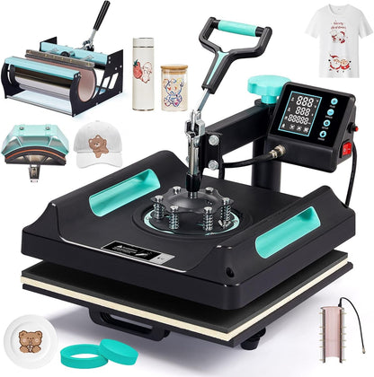SPECRAFT 5-In-1 Combo Heat Press, 15X15 360° Swing Away Digital Sublimation Machine for T-Shirts Mugs Hats Plates, Green Black
