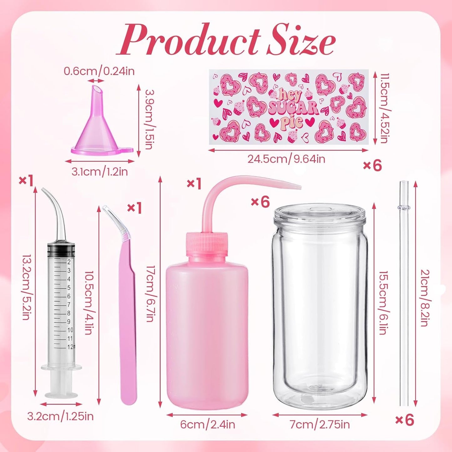 6 Pack Valentine'S Day DIY Snow Globe Tumbler Supplies Kits 16Oz Pre Drilled Double Wall Can Glitter Squeeze Bottle UV Resin Flashlight Pink Red Powder Stickers Valentine Making Tools for Starters