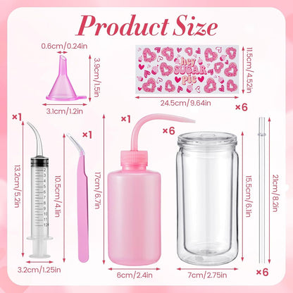 6 Pack Valentine'S Day DIY Snow Globe Tumbler Supplies Kits 16Oz Pre Drilled Double Wall Can Glitter Squeeze Bottle UV Resin Flashlight Pink Red Powder Stickers Valentine Making Tools for Starters