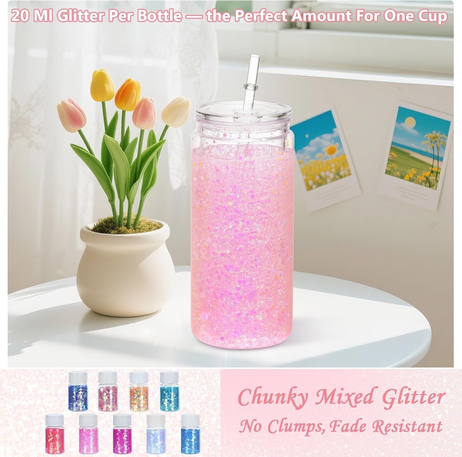 6 Pack 20 Oz Acrylic Snow Globe Tumbler Supplies Starter Kit, Double Wall Plastic Pre-Drilled Snowglobe Tumbler Cup Tool Set, Including Squeeze Bottle Cup Cradle and Scraper Etc.