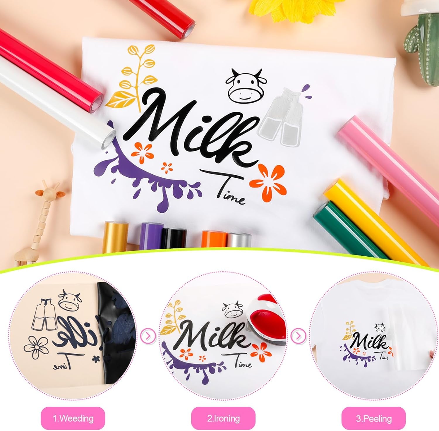 HTV Heat Transfer Vinyl Bundle (12 Pack) - 12" X 5FT HTV Vinyl Rolls, Easy to Cut Iron on Vinyl for All Cutting Machines, Easy to Weed Heat Transfer Vinyl