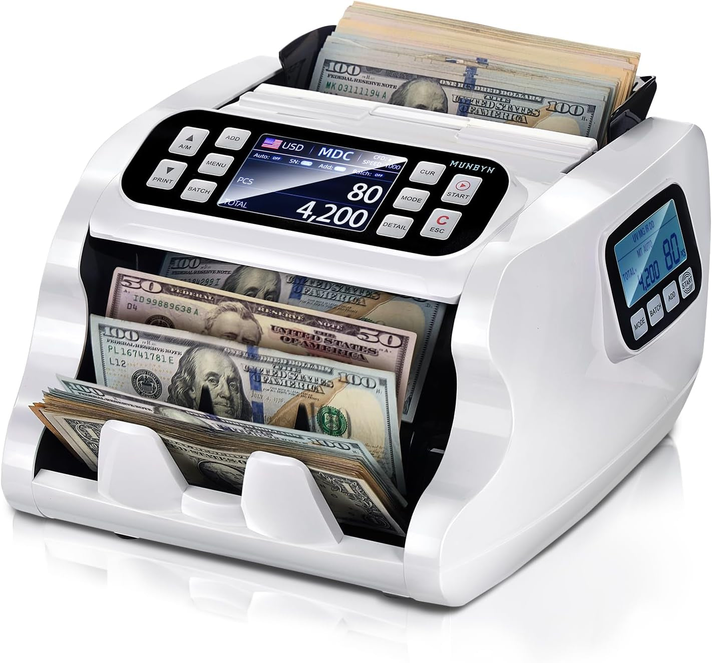 MUNBYN IMC22 Money Counter Machine Mixed Denomination, Dual-Display, CIS/UV/IR/MG Counterfeit Detection Bill Counter, USD, MXN, COP, CAD Cash Counter for Business, Merchant, 2Y Protect (White)