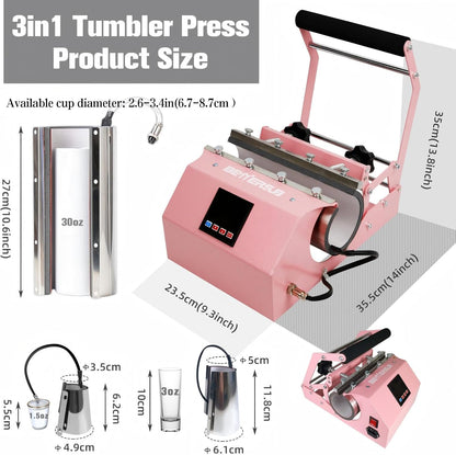 Bettersub 3In1 Tumbler Mug Heat Press Machine 30 OZ 20 OZ 16 OZ Sublimation Straight Skinny Tumbler Mug 3 OZ 1.5 OZ Shot Glass,11 OZ 15 OZ 16 OZ Sublimation Mug Heat Transfer Pink