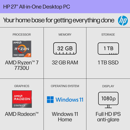 HP 27 Inch All-In-One Desktop PC, FHD Display, AMD Ryzen 7 7730U, 32 GB RAM, 1 TB SSD, AMD Radeon Graphics, Windows 11 Home, 27-Cr0012 (2024)