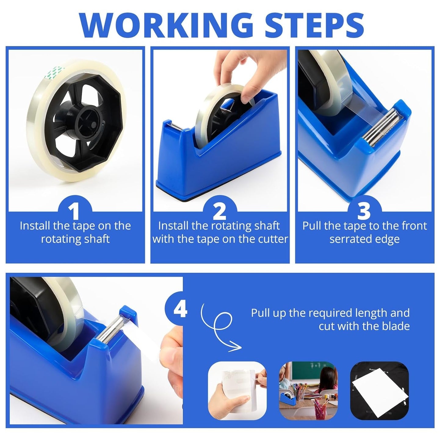 Heat Tape Dispenser - Sublimation Heat Transfer Tape Dispenser Holder Fits 1"& 3" Cores, Blue Desk Dispenser Sets for Office and School