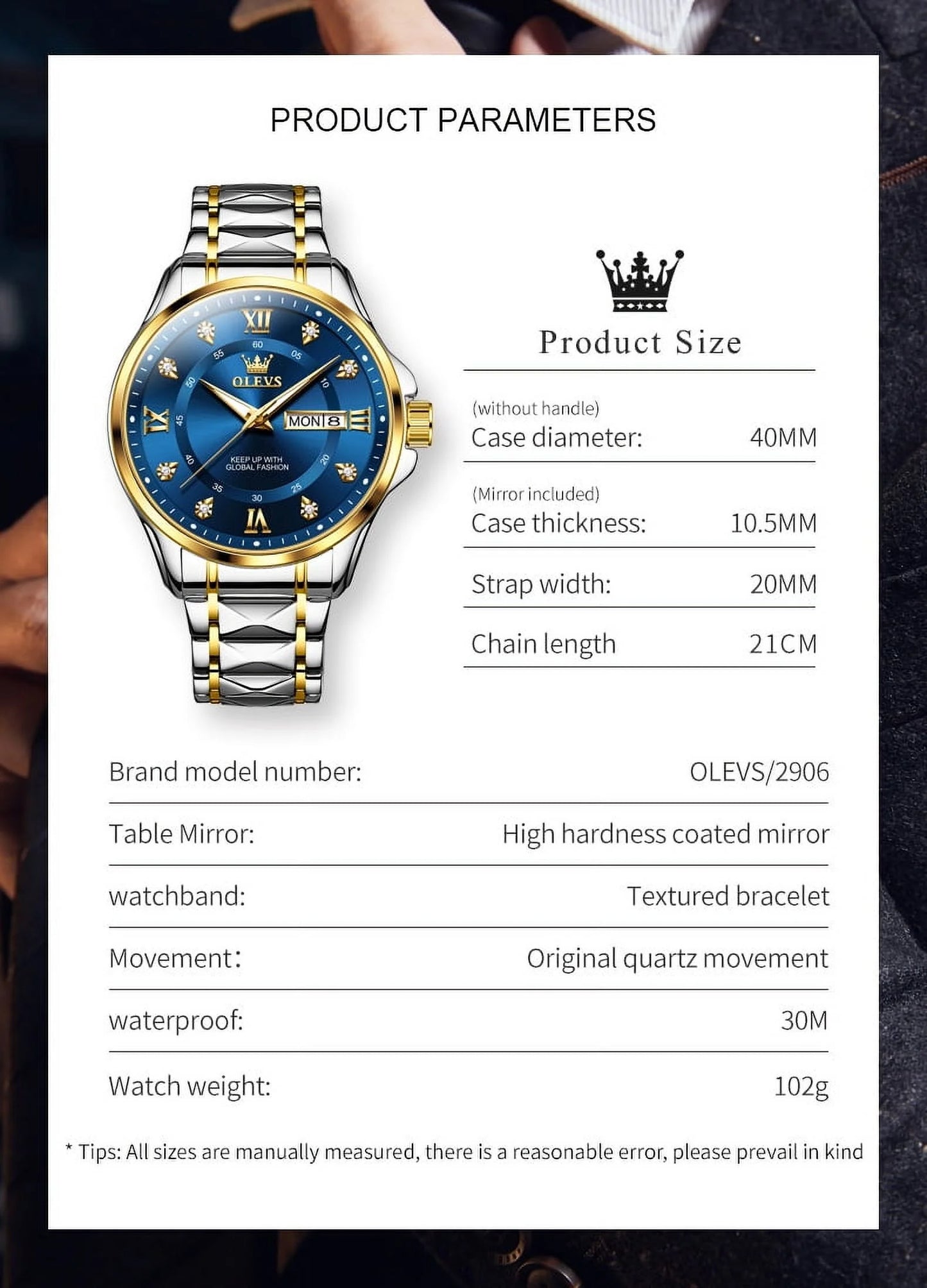Watches for Men Business Dress Diamond Analog Quartz Date Luxury Classic Casual Stainless Steel Waterproof Luminous Mens Wrist Watches Gifts Reloj Para Hombre Blue/Gold/Black Dial