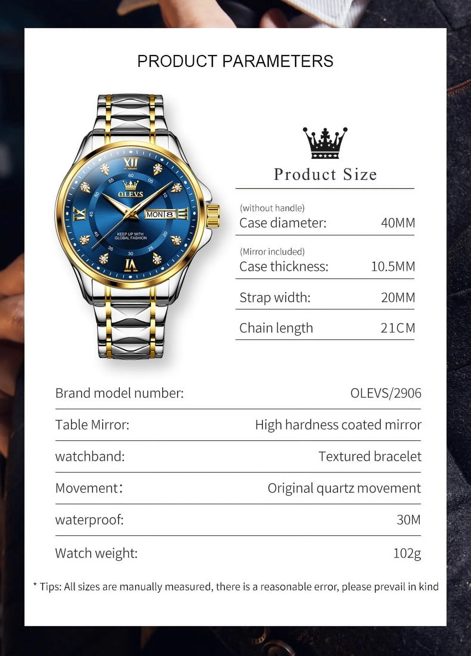 Watches for Men Business Dress Diamond Analog Quartz Date Luxury Classic Casual Stainless Steel Waterproof Luminous Mens Wrist Watches Gifts Reloj Para Hombre Blue/Gold/Black Dial