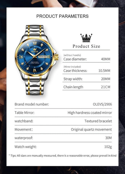 Watches for Men Business Dress Diamond Analog Quartz Date Luxury Classic Casual Stainless Steel Waterproof Luminous Mens Wrist Watches Gifts Reloj Para Hombre Blue/Gold/Black Dial