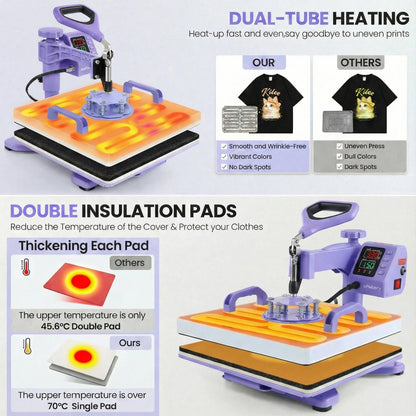 Adnoom Heat Press 15X15, 8 in 1 Multifunctional Shirt Press Machine Combo, 360° Swing Away Sublimation Heat Transfer with LED Display for T-Shirts Mugs Hat Plate Cap