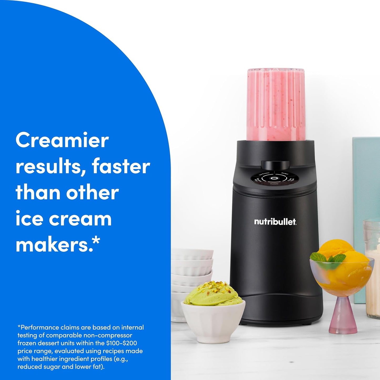 Nutribullet Chill Ice Cream Maker, for Gelato, Sorbet, Frozen Yogurt, Smoothie Bowls, Compact Size, (2) Dishwasher Safe 16 Oz. Pint Cups with Lids, Black, NBD50100AK