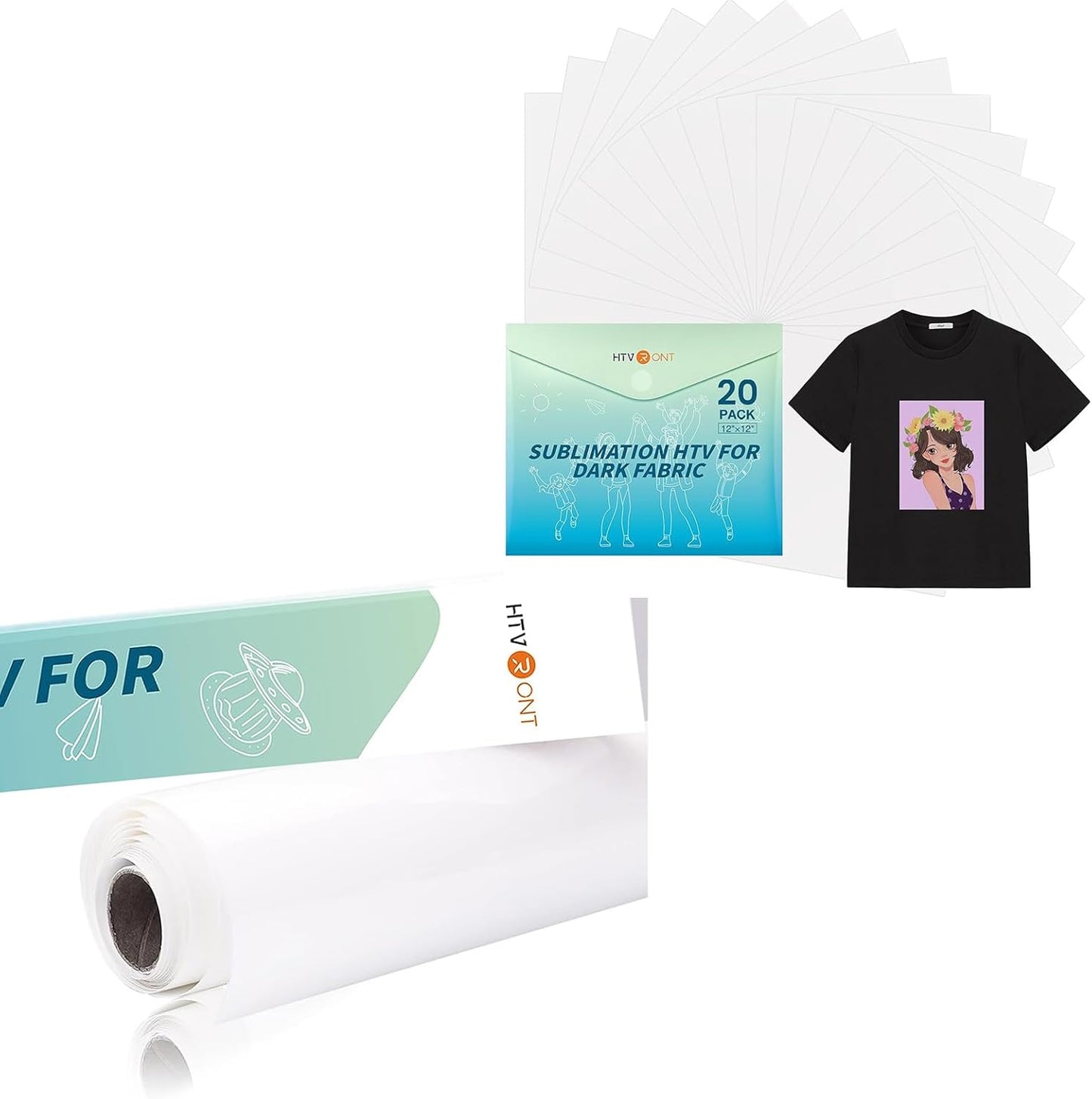 20 Pack 12" X 12" Sublimation HTV & 12" X 5Ft Sublimation HTV for Dark Fabric