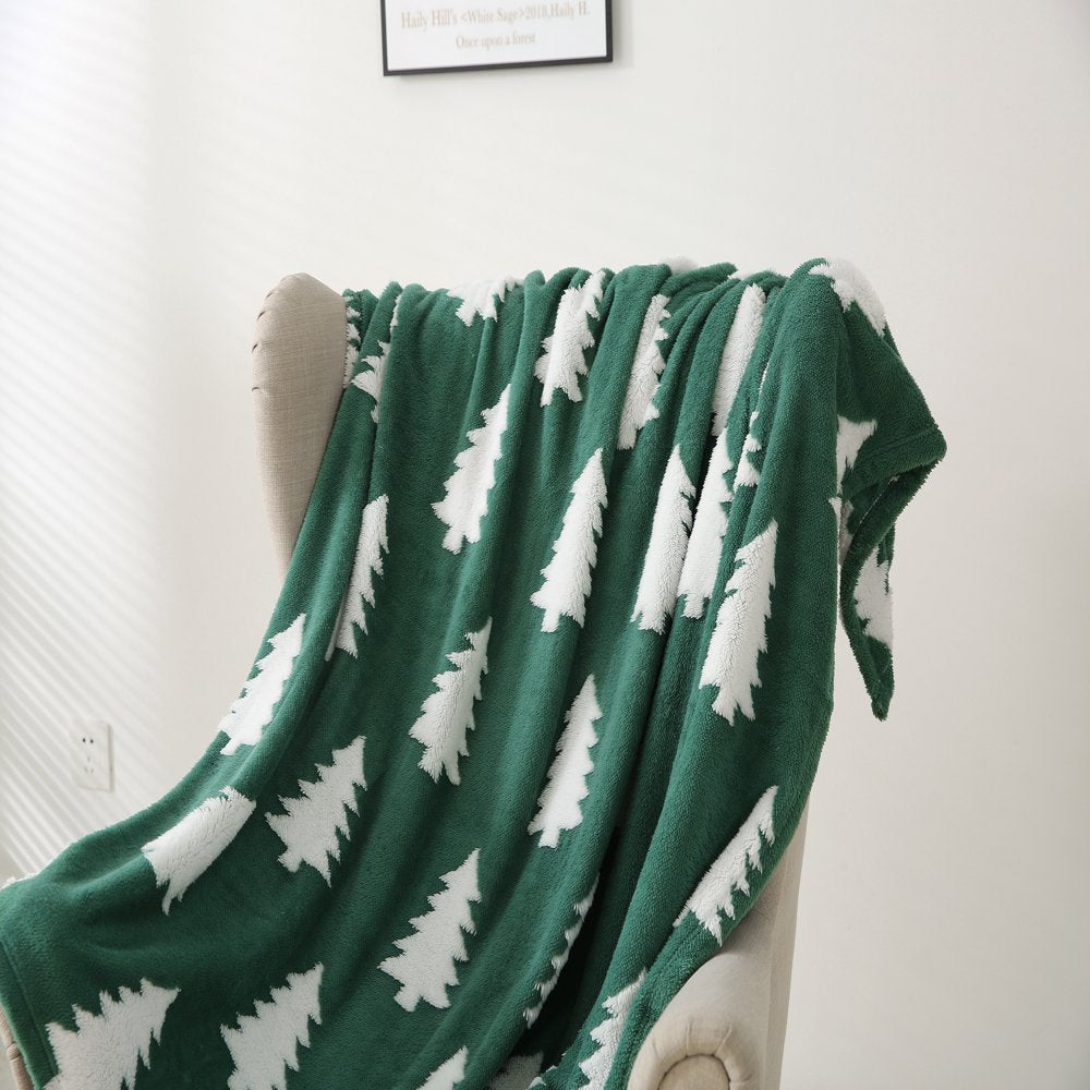 Green Pine Tree Sherpa Throw Blanket, 50"X60"