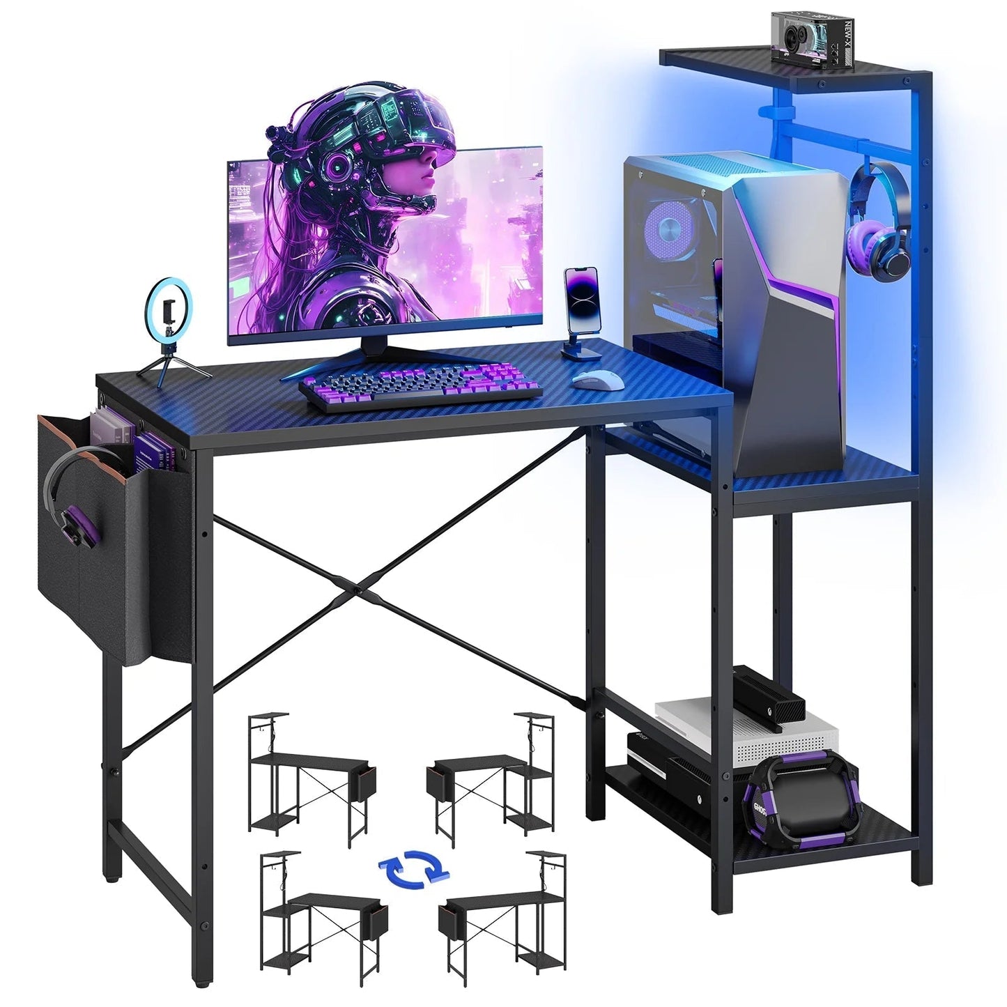 Gaming Desk with LED Lights, 44'' Computer Desk with Reversible Shelves, PC Gamer Desk with Side Storage Bag, Hooks and Height Adjustable Shelf for Home Office, Carbon Fiber Black