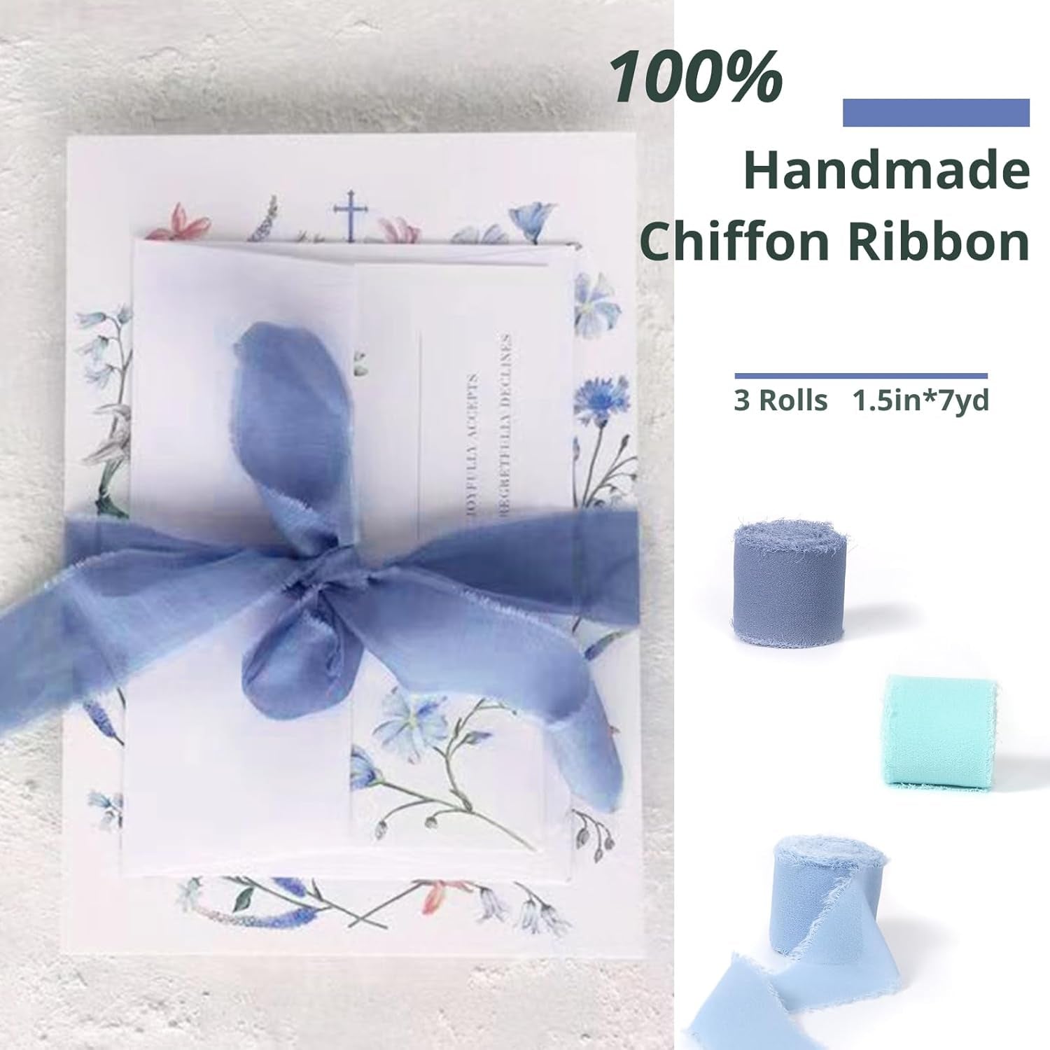 Chiffon Silk Ribbon 1.5" X 7Yd Soft Handmade Fringe Frayed Edged Baby Shower Bridal Bouquets Wedding Invitation Decor (Blue)