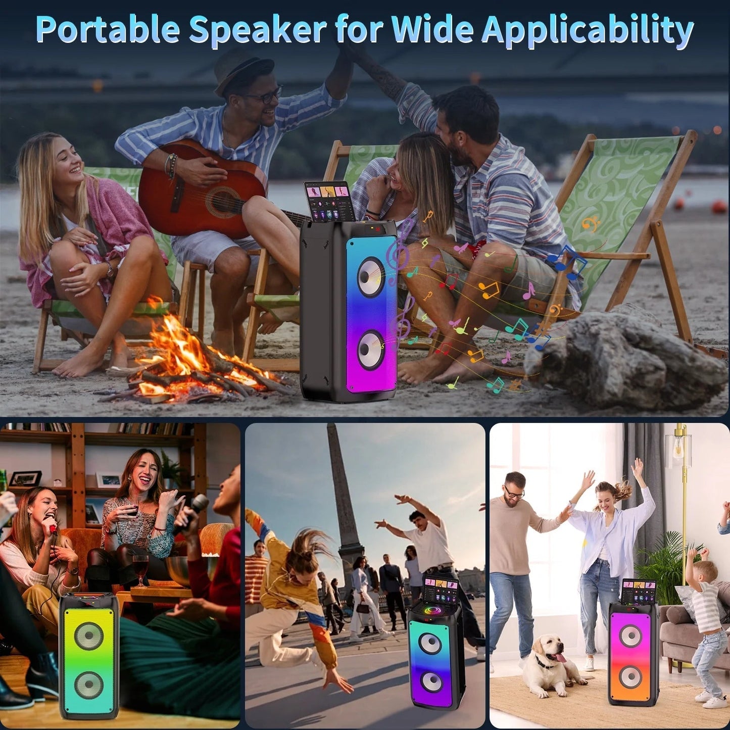 Party Speaker, Bluetooth Speaker with 2 Microphones, Dual 4'' Subwoofer Deep Bass