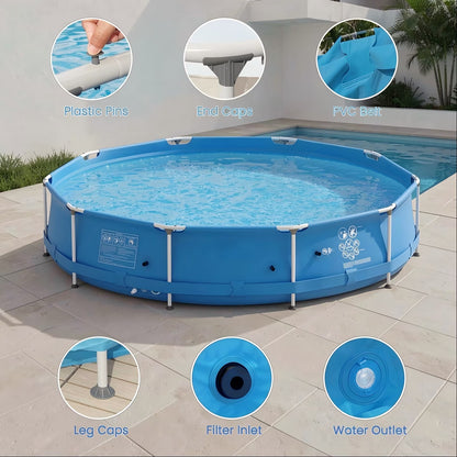 12Ft X 30In round above Ground Swimming Pool with Iron Frame & Pool Cover, 3-Layer PVC Mesh, Blue