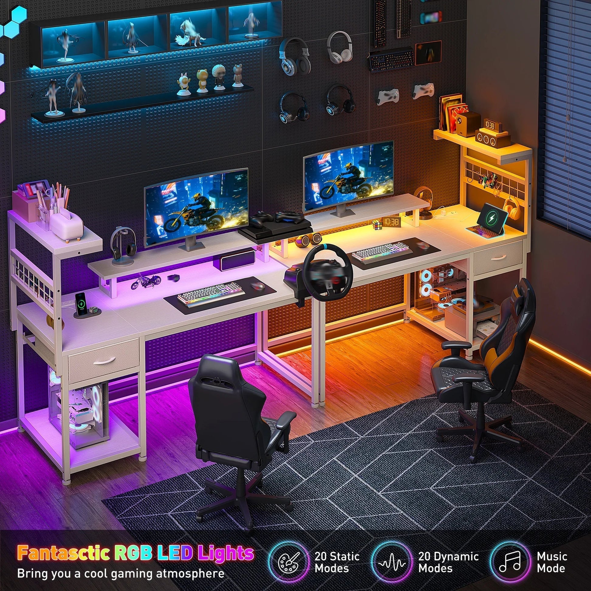 39.4" W Gaming Desk with LED Light Coner Desk with Drawers PC Desk with Reversible Shelves, White
