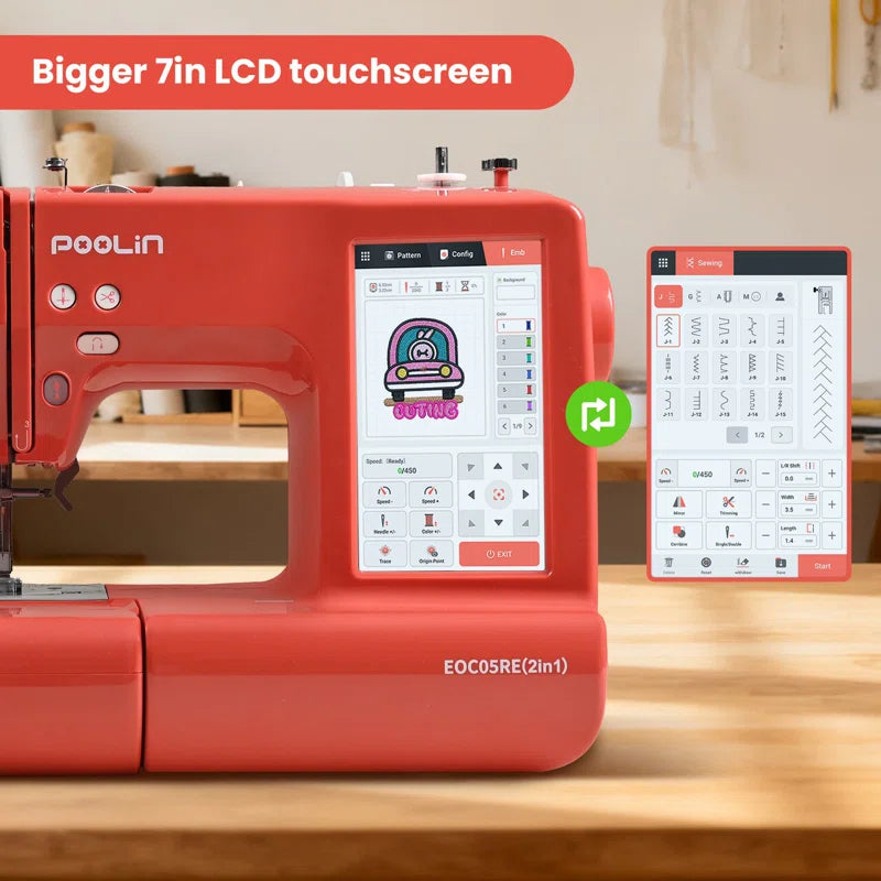 Poolin Eoc05Re(2In1) Computerized Sewing & Embroidery Machine 7.9X11" Area, 7" Touch Screen with Wireless Connectivity