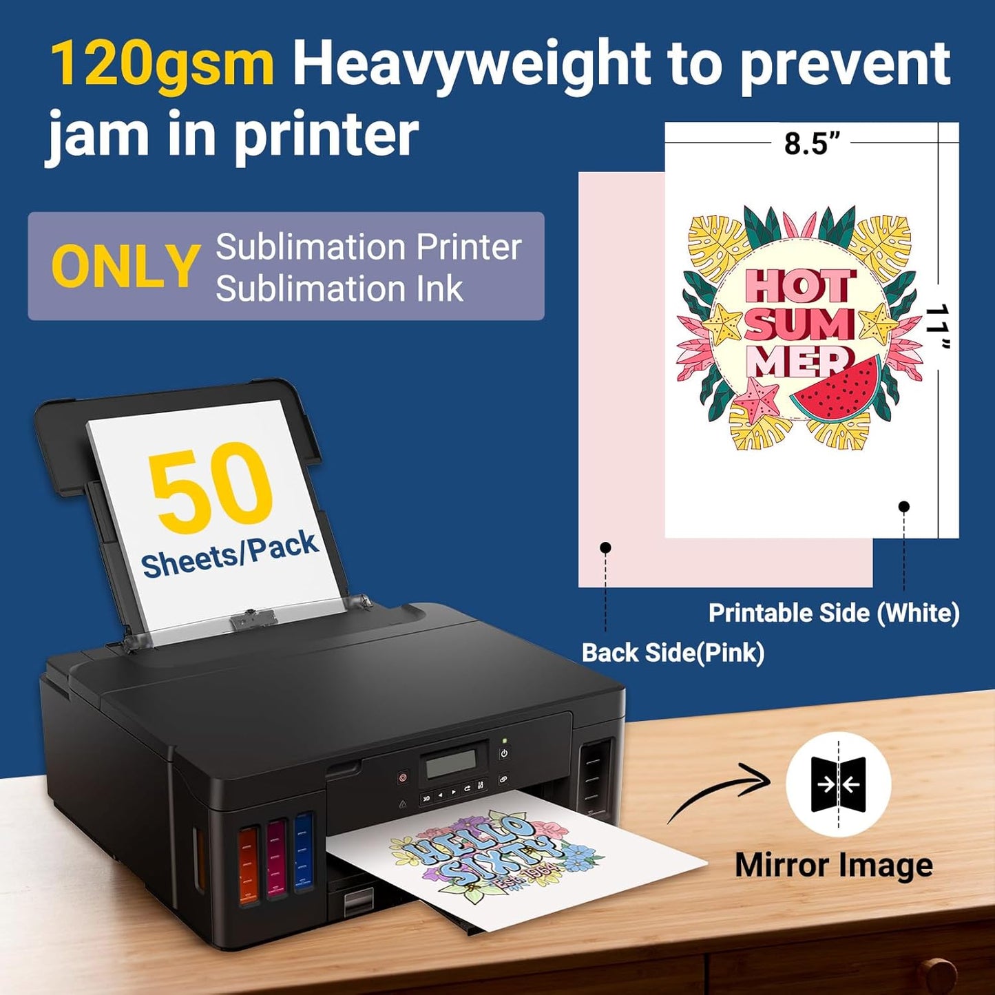 Sublimation Paper 8.5 X 11 Inches 50 Sheets Compatible with Sublimation Printer and Sublimation Ink 120Gsm for Mugs T-Shirts Light Fabric and Other Sublimation Blanks DIY