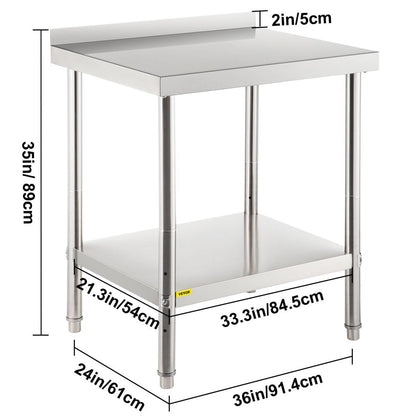 Stainless Steel Prep Table, 36 X 24 X 35 Inch, 440Lbs Load Capacity Heavy Duty Metal Worktable with Backsplash and Adjustable Undershelf, Commercial Workstation for Kitchen Restaurant