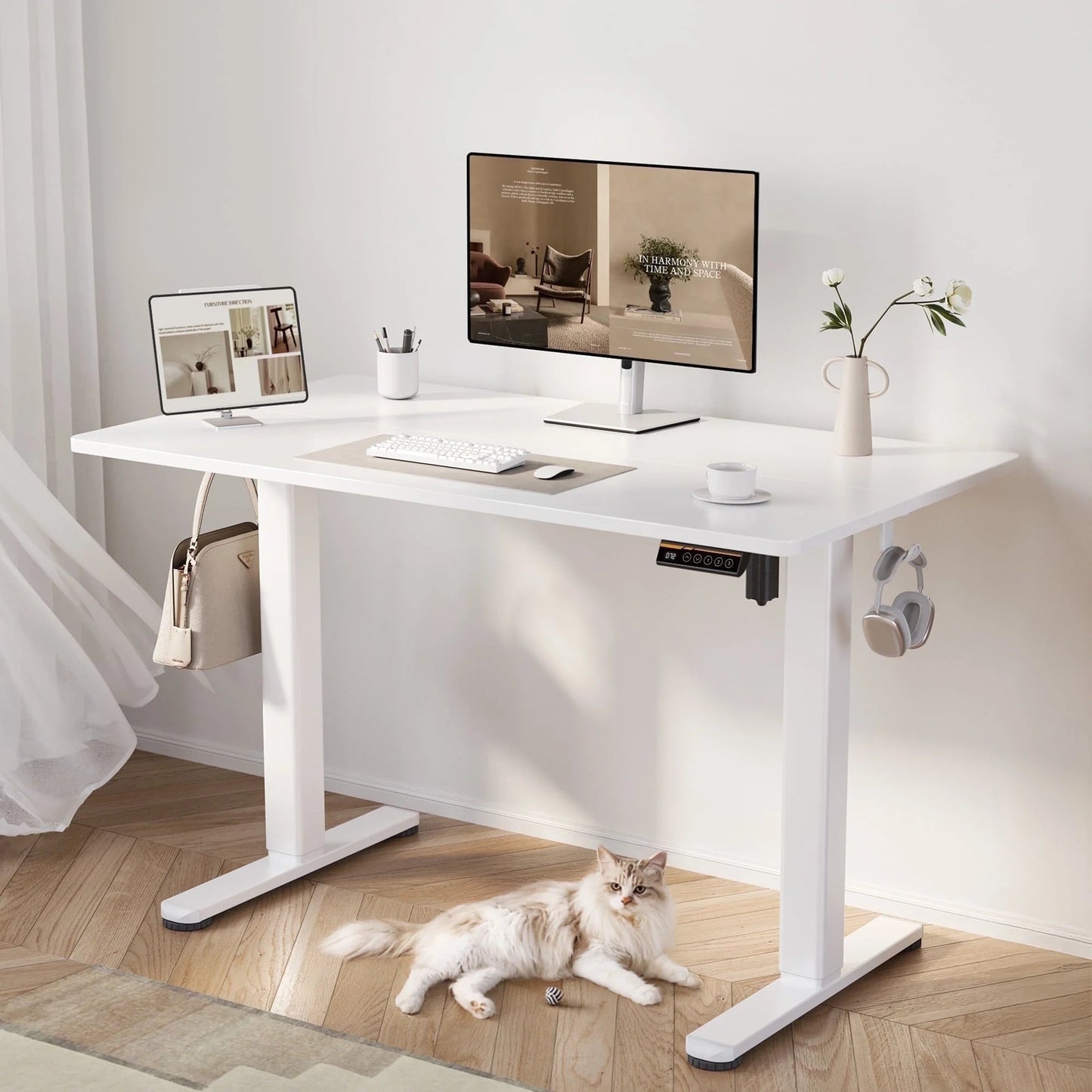 55 Inch Electric Standing Desk, Wide Computer Stand up Desks Adjustable Height, Sit-Stand Rising Desk W/Memory Preset for Home Office Students Desk,White Top