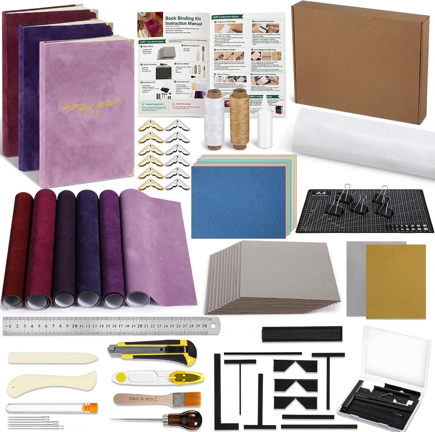 Funoofuno 91 Pcs Book Binding Kits for Beginners Complete Bookbinding Kit Tools with Flocked Cloth, Textured Paper, Decorative Corner, Bone Folder Tool, Bookbinding Supplies for Book DIY Craft