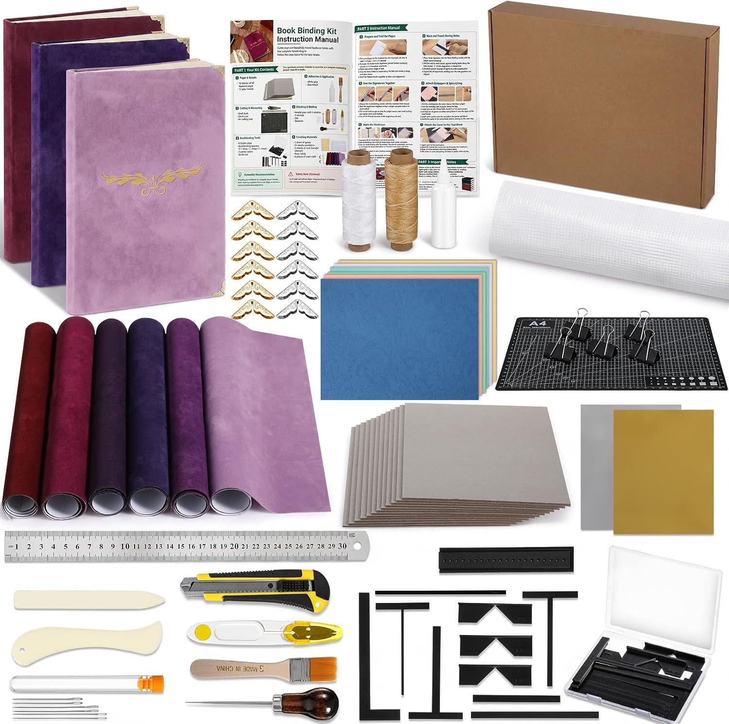 Funoofuno 91 Pcs Book Binding Kits for Beginners Complete Bookbinding Kit Tools with Flocked Cloth, Textured Paper, Decorative Corner, Bone Folder Tool, Bookbinding Supplies for Book DIY Craft