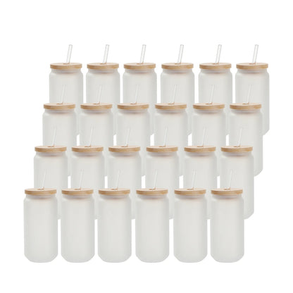 Wholesale 18 OZ Sublimation Blanks Glass Cans Tumblers Frosted Bulk with Bamboo Lid and Glass Straw 12 Pack & 60 Pack & 120 Pack