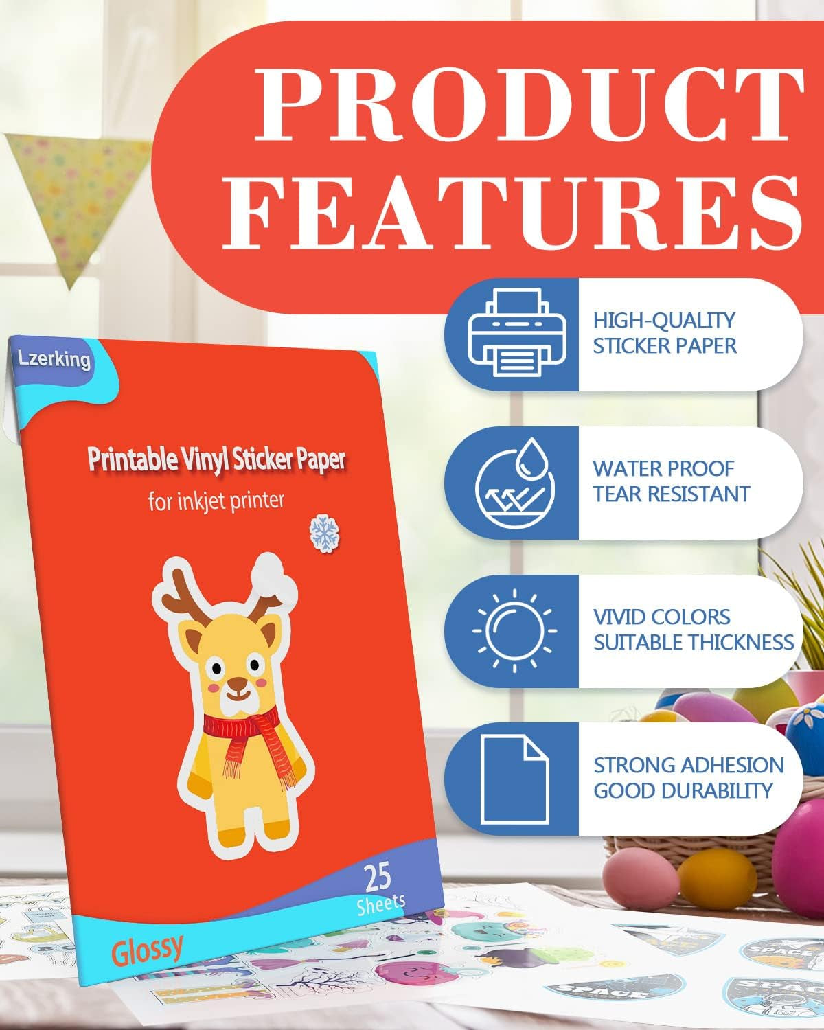 Lzerking Printable Vinyl Sticker Paper for Inkjet Printer - 25 Sheets Glossy White Self-Adhesive Waterproof Decal Sticker Paper - 8.5X11 Inches Dries Quickly Vivid Colors DIY Crafts