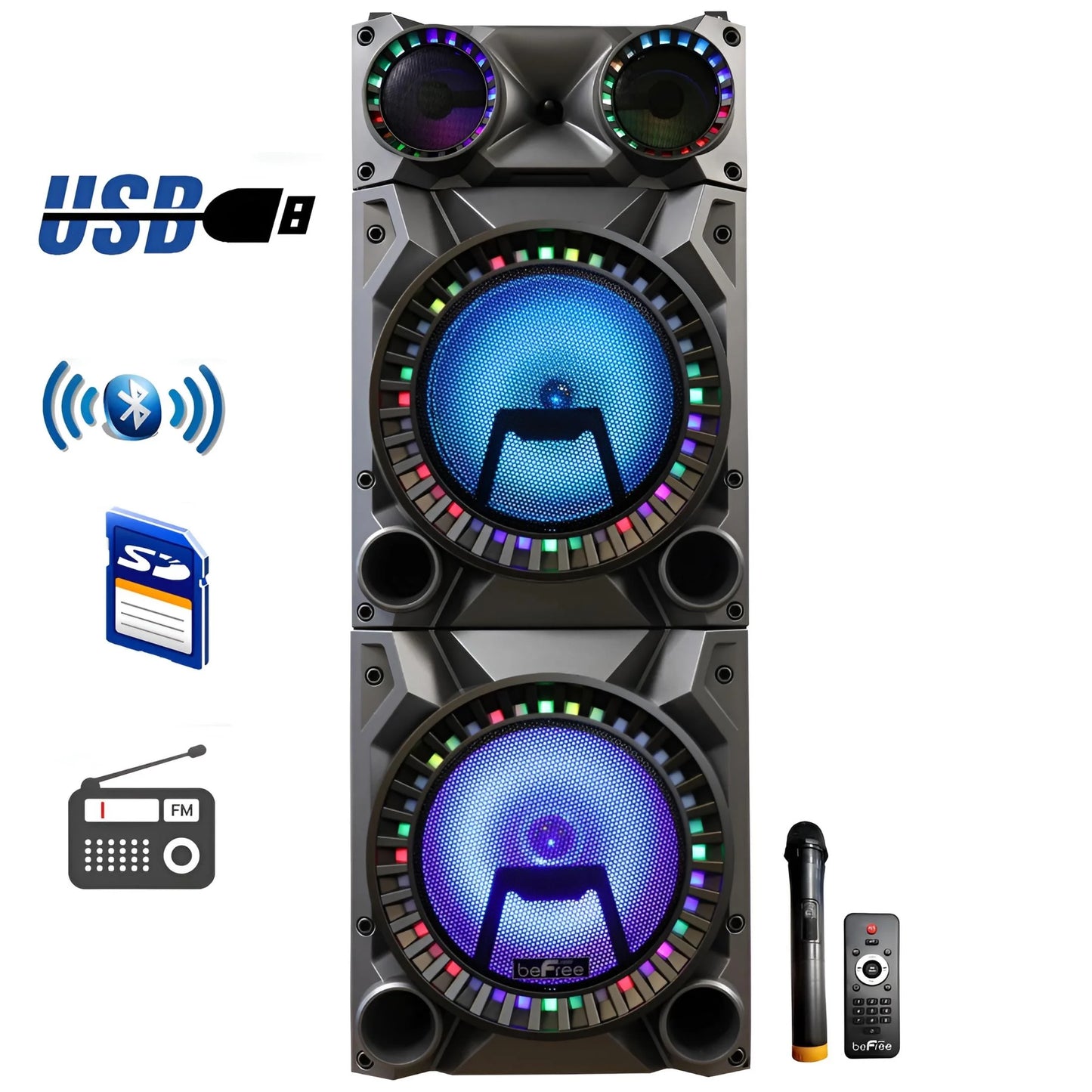 Rechargeable Bluetooth 12Inch Double Subwoofer Portable Party Speaker with Dual Layer Reactive Party Lights, USB, SD and AUX Inputs with FM Radio