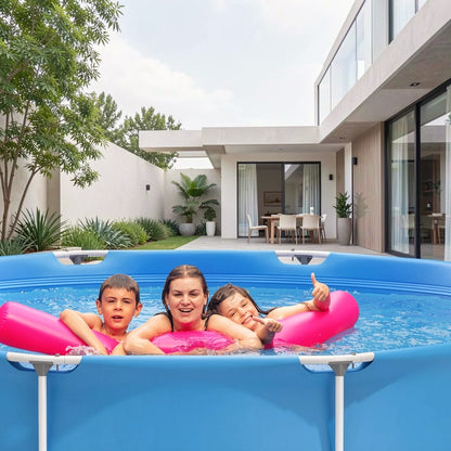12Ft X 30In round above Ground Swimming Pool with Iron Frame & Pool Cover, 3-Layer PVC Mesh, Blue