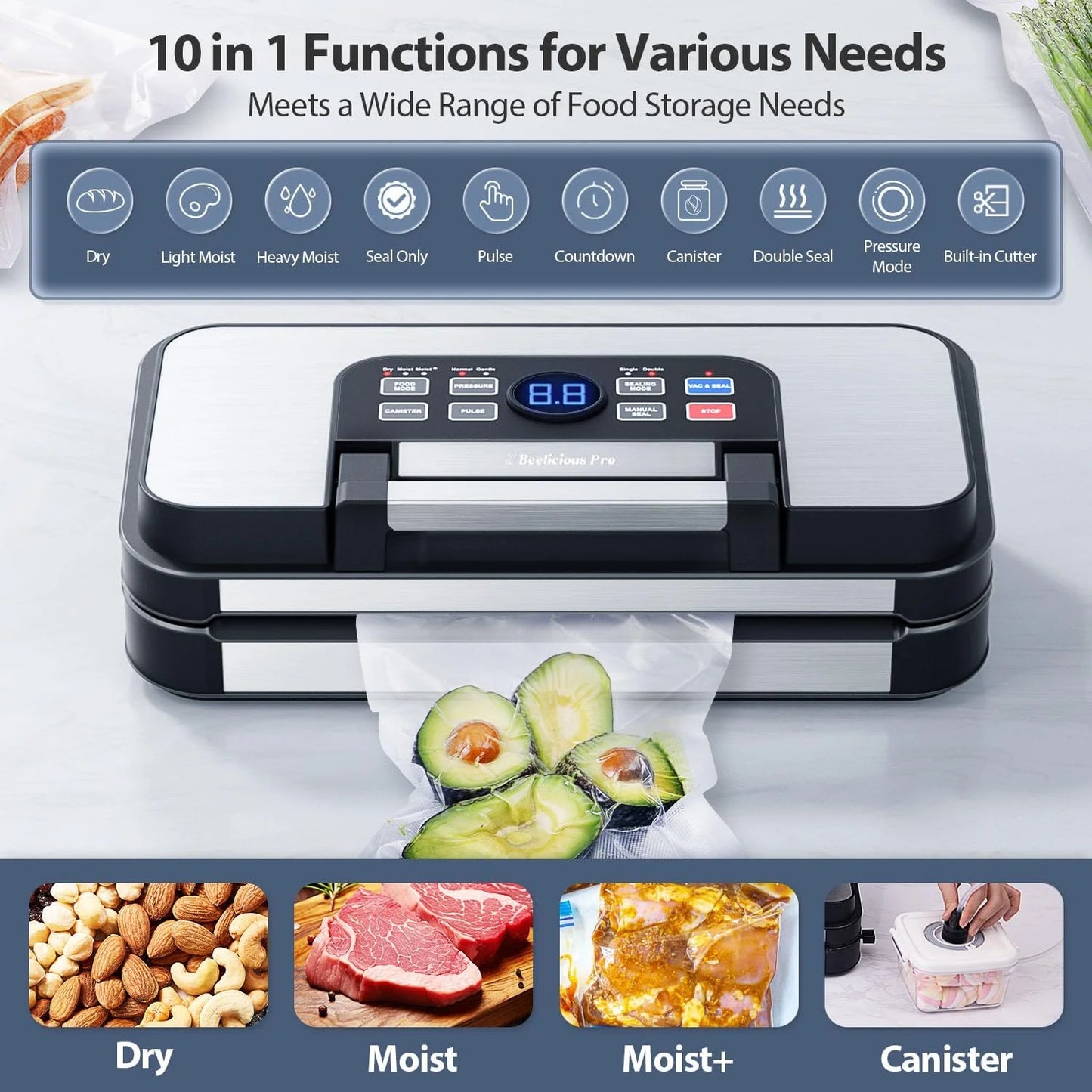 95Kpa Powerful Vacuum Sealer, Aeitto Food Sealer with 10-In-1 Functions, Easy-Lock Handle, Double Heat Seal & Double Pump, for Food with Bags Storage, Built-In Cutter,Stainless Steel