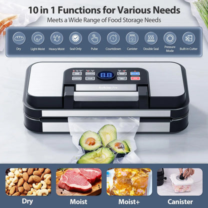 95Kpa Powerful Vacuum Sealer, Aeitto Food Sealer with 10-In-1 Functions, Easy-Lock Handle, Double Heat Seal & Double Pump, for Food with Bags Storage, Built-In Cutter,Stainless Steel