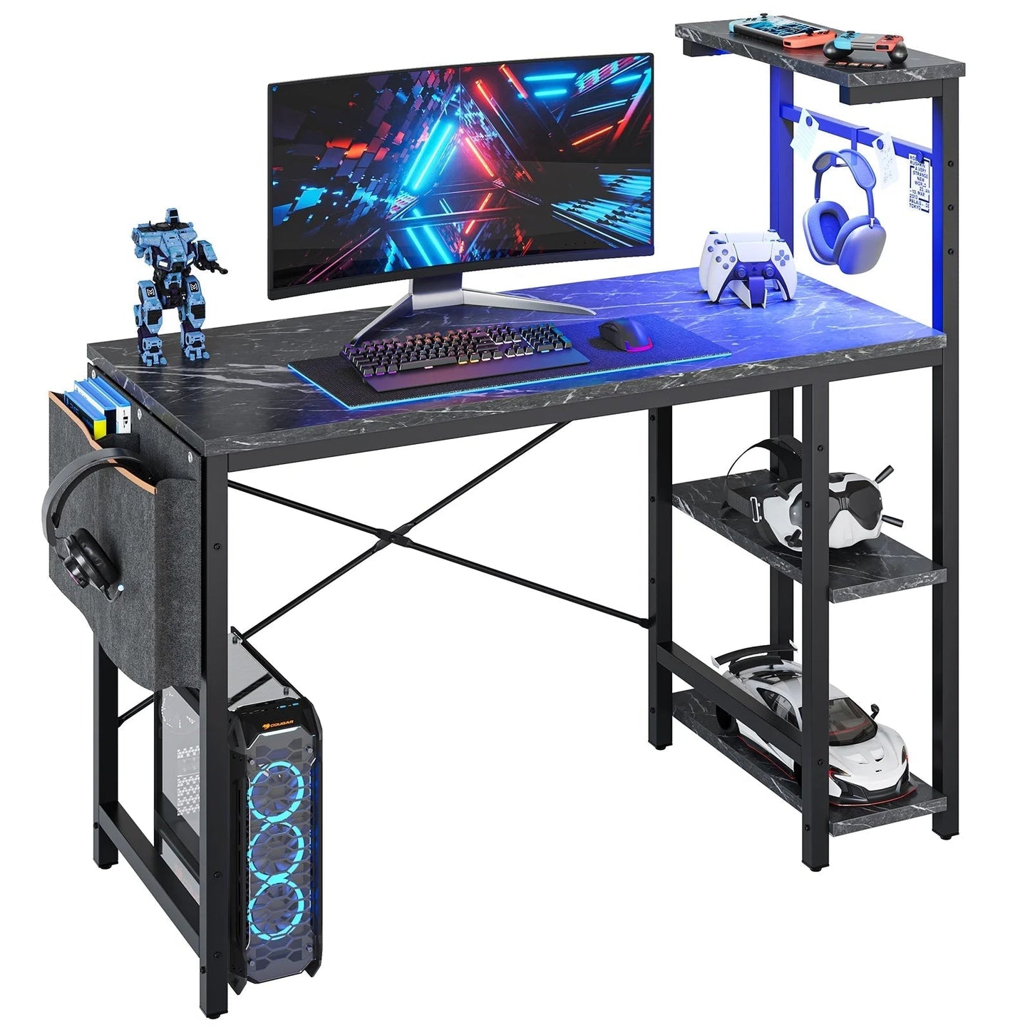 Reversible 44 Inch Computer Desk with LED Lights Gaming Desk with 4 Tier Shelves Black Marble