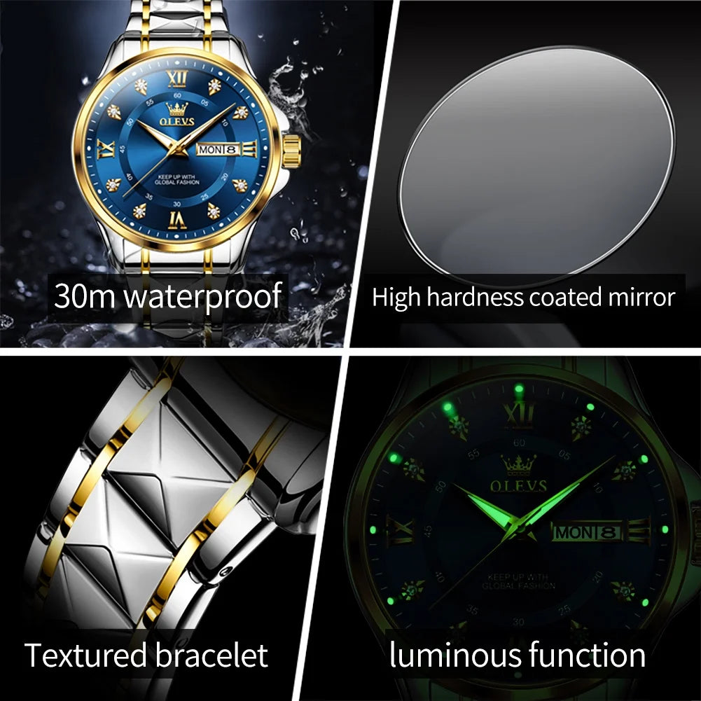 Watches for Men Business Dress Diamond Analog Quartz Date Luxury Classic Casual Stainless Steel Waterproof Luminous Mens Wrist Watches Gifts Reloj Para Hombre Blue/Gold/Black Dial