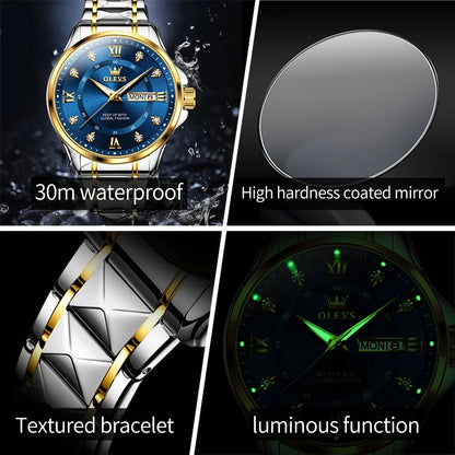 Watches for Men Business Dress Diamond Analog Quartz Date Luxury Classic Casual Stainless Steel Waterproof Luminous Mens Wrist Watches Gifts Reloj Para Hombre Blue/Gold/Black Dial